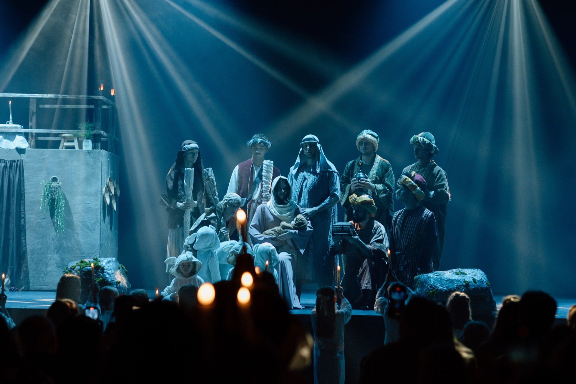 Nativity scene on stage at Night in Bethlehem at Church of Truth in Vancouver, WA, with Mary, Joseph and the shepherds under spotlights